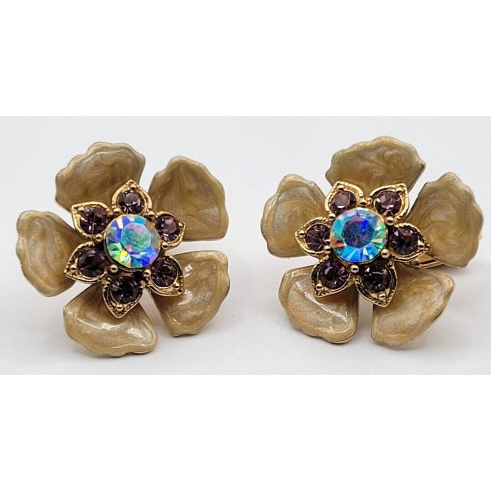 VTG NOLAN MILLER FLOWER CLIP ON EARRINGS RHINESTONE ENAMEL COUNTRY‎ GARDEN GRAY